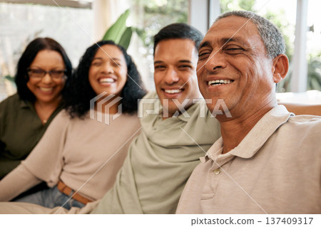 Happy family, portrait and selfie in photography, weekend bonding or break in relax on living room sofa at home. Parents and grandparents smile in happiness, love or care on day off together at house Happy family, portrait and selfie in photography, weekend bonding or break in relax on living room sofa at home. Parents and grandparents smile in happiness, love or care on day off together at house 137409317