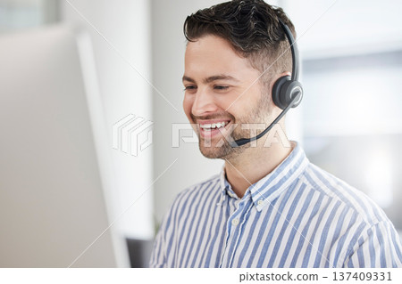 Customer service, call center and happy consultant or man speaking online for technical support, advice or help. Employee, talking and consulting person In Portugal working in crm for tech startup 137409331