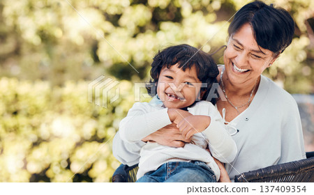 Boy, laughing and mature woman in park for bonding, support and summer break in Mexico nature. Kid, happy or funny child with grandmother on garden bench for love, trust and together in backyard hug 137409354
