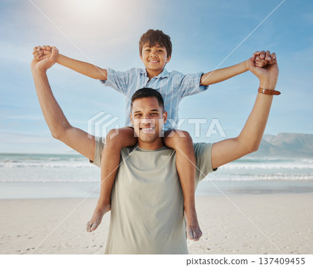 Portrait of father, child on shoulders and beach, smile together in summer waves on tropical island holiday in Hawaii. Fun, dad and boy on ocean vacation with love, support and relax with blue sky. Portrait of father, child on shoulders and beach, smile together in summer waves on tropical island holiday in Hawaii. Fun, dad and boy on ocean vacation with love, support and relax with blue sky. 137409455