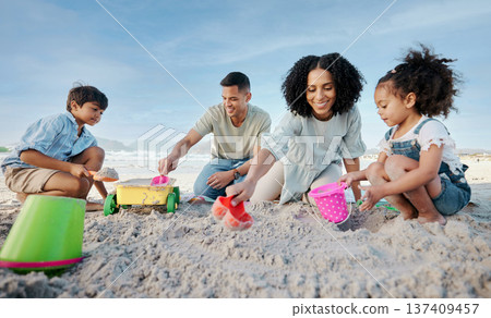 Parents, kids and sandcastle at beach, bucket and digging for bonding, outdoor and vacation in summer. Mom, dad and siblings with plastic toys, sand or construction game for holiday, happy and ocean Parents, kids and sandcastle at beach, bucket and digging for bonding, outdoor and vacation in summer. Mom, dad and siblings with plastic toys, sand or construction game for holiday, happy and ocean 137409457