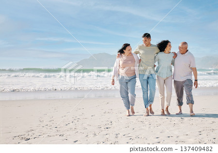 Love, mockup and a family walking on the beach together for summer vacation or holiday in nature. Sky, freedom and travel with senior people, son or daughter outdoor for summer bonding by the ocean 137409482