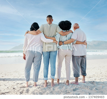 Back, hug and family at the beach for vacation, ocean view and love in summer. Calm, nature and senior people with a man and woman for care and support in travel at the sea for a holiday together 137409483