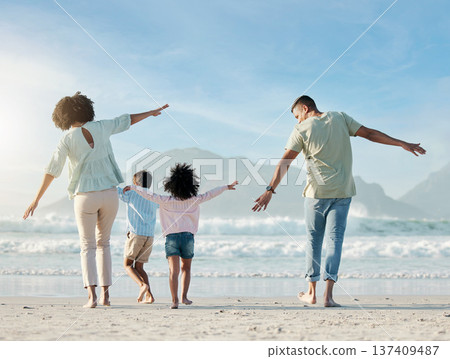 Playing, airplane and family on beach with freedom on vacation, holiday or summer in Brazil with parents and children. Mom, dad and kids play game as plane to fly for fun, bonding and happiness Playing, airplane and family on beach with freedom on vacation, holiday or summer in Brazil with parents and children. Mom, dad and kids play game as plane to fly for fun, bonding and happiness 137409487