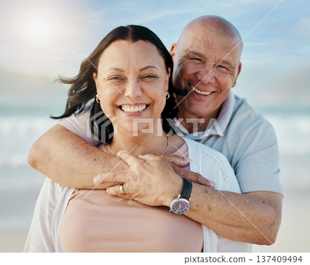 Beach, portrait and senior couple hug with happy, care and freedom in nature together. Face, love and elderly man embrace woman with smile for retirement, vacation or travel fun ocean holiday in Peru Beach, portrait and senior couple hug with happy, care and freedom in nature together. Face, love and elderly man embrace woman with smile for retirement, vacation or travel fun ocean holiday in Peru 137409494