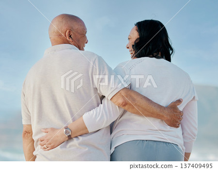 Back, love and hug with old couple at beach for travel, support and summer vacation. Relax, bonding and retirement with senior man and woman on seaside holiday for trust, health and marriage together 137409495