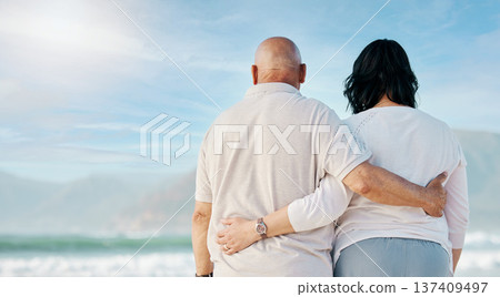 Space, love and back of old couple at beach for travel, support and summer vacation. Relax, bonding and retirement with senior man and woman hug for trust, health and marriage on banner mockup 137409497