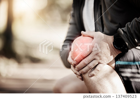 Runner, hands and outdoor with knee pain, park and injury for fitness, training and muscle emergency. Person, legs accident and exercise for stress, red overlay and arthritis in nature for workout Runner, hands and outdoor with knee pain, park and injury for fitness, training and muscle emergency. Person, legs accident and exercise for stress, red overlay and arthritis in nature for workout 137409523