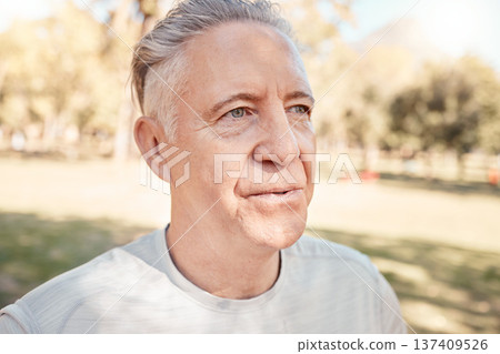 Senior man in park, breathing and exercise for fitness in nature, retirement and health with outdoor training. Relax in garden, workout and energy, elderly person with morning motivation for wellness 137409526