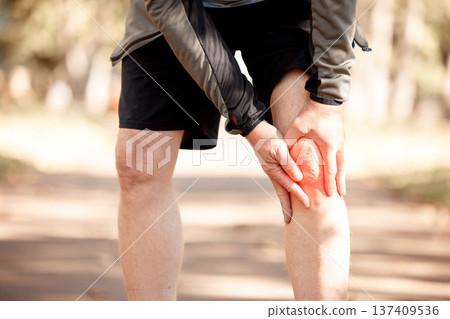 Runner, hands and knee pain in park, injury or outdoor for fitness, training or muscle emergency. Person, legs accident and exercise for osteoporosis, red overlay or arthritis in nature for workout Runner, hands and knee pain in park, injury or outdoor for fitness, training or muscle emergency. Person, legs accident and exercise for osteoporosis, red overlay or arthritis in nature for workout 137409536