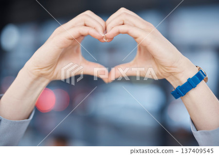 Closeup, person and hearts hands with support, care and kindness with emoji, hope and romance. Zoom, employee and symbol for love with a sign, romantic gesture and emotion with icon, review or loving 137409545