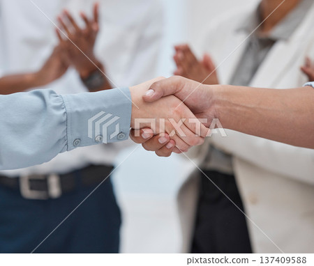 Success, partnership and handshake with business people in office for winner, deal or agreement. Contract, thank you or teamwork with closeup of employee shaking hands for meeting and congratulations Success, partnership and handshake with business people in office for winner, deal or agreement. Contract, thank you or teamwork with closeup of employee shaking hands for meeting and congratulations 137409588