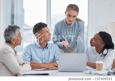Laptop, meeting and business people in the office in discussion for planning legal project. Technology, diversity and professional attorneys working on corporate law case on computer in collaboration 137409591