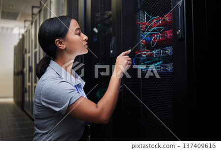 Woman, cable and engineer in server room to check inspection of cloud computing. Information technology, wire and technician in data center, networking in maintenance or cybersecurity of system admin 137409616