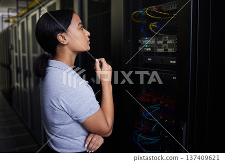 Server room, thinking or engineer for hardware or cybersecurity or machine in system at night. Problem solving, data center or woman fixing network for information technology solution in IT support Server room, thinking or engineer for hardware or cybersecurity or machine in system at night. Problem solving, data center or woman fixing network for information technology solution in IT support 137409621