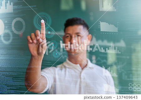 Hologram, virtual panel or professional man point, touch or press stock exchange cybersecurity, holographic or invest statistics. Fingerprint biometric, cryptocurrency or broker access cyber database 137409643