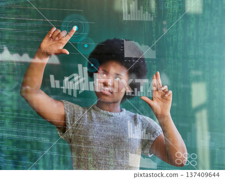 Hologram, virtual panel or business black woman typing on stock market dashboard, graph or economy analytics. Future data analysis, matrix code digital transformation or African trader trading crypto 137409644