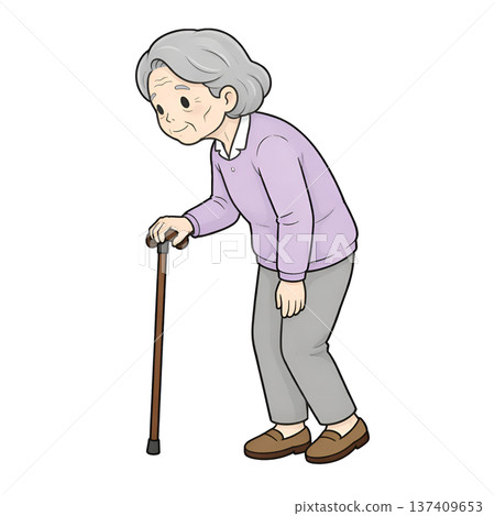 一位拄著拐杖的老婦人（左） 137409653