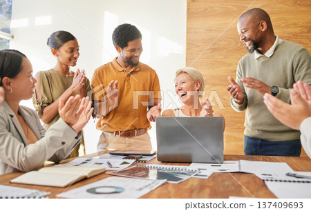 Business people, team applause and success on laptop for marketing sales, news and congratulations in meeting. Happy, wow and excited manager and employees clapping, thank you or support on computer Business people, team applause and success on laptop for marketing sales, news and congratulations in meeting. Happy, wow and excited manager and employees clapping, thank you or support on computer 137409693