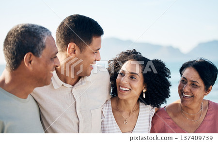 Beach, senior parents and adult children together with smile, love and hug on summer holiday in Mexico. Embrace, happy family support and mature mom, dad and woman on ocean vacation travel in nature. Beach, senior parents and adult children together with smile, love and hug on summer holiday in Mexico. Embrace, happy family support and mature mom, dad and woman on ocean vacation travel in nature. 137409739