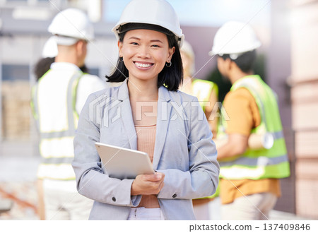 Woman, architect and tablet, inspection at construction site with maintenance, contractor and smile in portrait. Asian engineer, check digital floor plan and tech, urban infrastructure and renovation 137409846