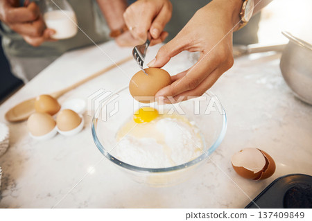 Hands with fork, crack egg and cooking in kitchen on bowl on table in home. Food, bakery and break eggshell for ingredient in flour for healthy diet, protein nutrition or person in pastry preparation 137409849