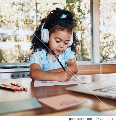 E-learning, laptop and child with headphones at desk writing in english class for student development and creative education. Knowledge, learning and kid with paper for studying and reading at home 137409884
