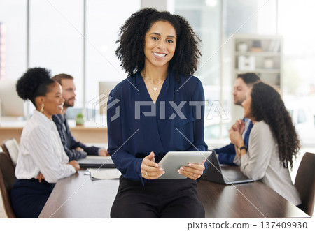 Business woman, portrait and tablet for planning meeting with team or project management, discussion or marketing strategy. Corporate, employee and work in Brazil in communication or online research Business woman, portrait and tablet for planning meeting with team or project management, discussion or marketing strategy. Corporate, employee and work in Brazil in communication or online research 137409930