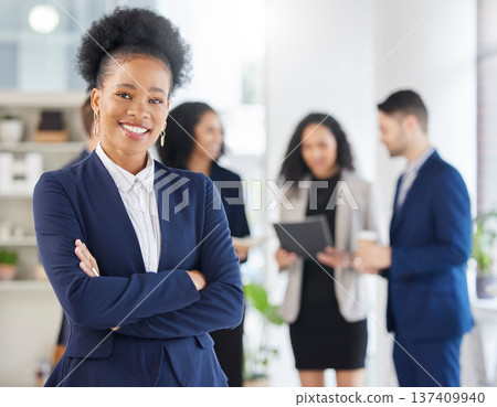 Crossed arms, confidence and portrait of professional black woman in the office with a smile. Happy, career and young African female attorney with pride standing by a legal team in the workplace. Crossed arms, confidence and portrait of professional black woman in the office with a smile. Happy, career and young African female attorney with pride standing by a legal team in the workplace. 137409940