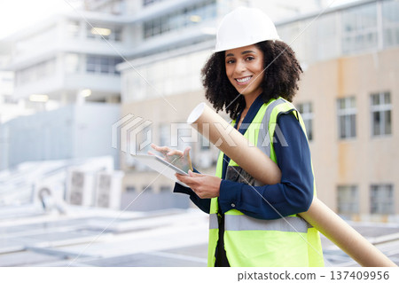 Engineering, tablet and an architect woman outdoor for planning, search or communication for project. Portrait of engineer person with technology in city for construction, architecture or design app Engineering, tablet and an architect woman outdoor for planning, search or communication for project. Portrait of engineer person with technology in city for construction, architecture or design app 137409956
