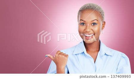 Pointing, portrait and a woman in studio with hand for advertising, marketing or announcement. Happy face of an excited African person on a pink background for choice, presentation or mockup space 137409993