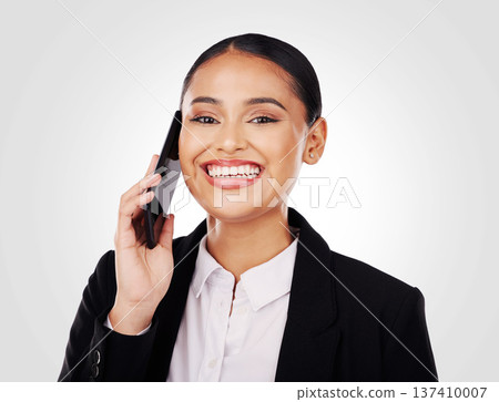 Business woman, phone call and portrait, smile and lawyer negotiate deal and networking isolated on white background. Face, professional and corporate attorney, communication and mission in studio 137410007