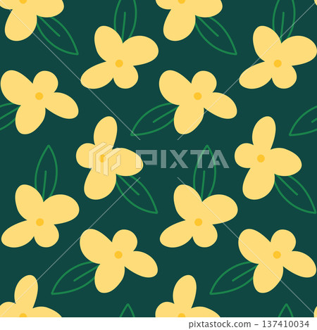 Bold Yellow Spring Flowers on Deep Green Background, Fresh Botanical Seamless Pattern with Simple Blossoms and Leaves, Modern Nature Inspired Floral Repeat Bold Yellow Spring Flowers on Deep Green Background, Fresh Botanical Seamless Pattern with Simple Blossoms and Leaves, Modern Nature Inspired Floral Repeat 137410034