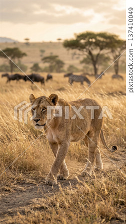 一頭野生雌獅在稀樹草原上行走，目光銳利地瞄準獵物，全身照。 137410049