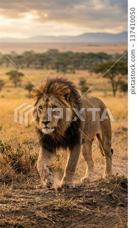 黃昏時分,一頭雄獅威風凜凜地漫步在稀樹草原上。百獸之王。全身像。 黃昏時分,一頭雄獅威風凜凜地漫步在稀樹草原上。百獸之王。全身像。 137410050