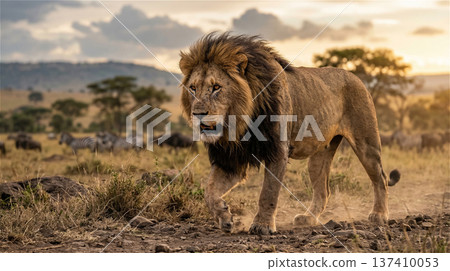 黃昏時分,一頭雄獅威風凜凜地漫步在稀樹草原上。百獸之王。全身像。 黃昏時分,一頭雄獅威風凜凜地漫步在稀樹草原上。百獸之王。全身像。 137410053