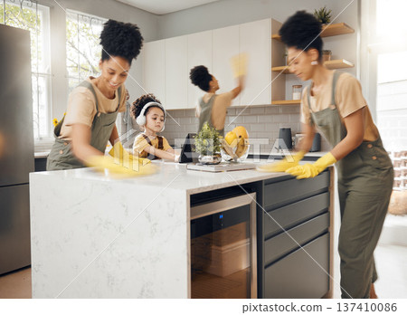 Mom, cleaning kitchen or multitasking with boy child, listening to music, headphones or e learning tablet in family home. Mother or kid for hygiene, cloth or ppe for bacteria, dust or dirt composite Mom, cleaning kitchen or multitasking with boy child, listening to music, headphones or e learning tablet in family home. Mother or kid for hygiene, cloth or ppe for bacteria, dust or dirt composite 137410086