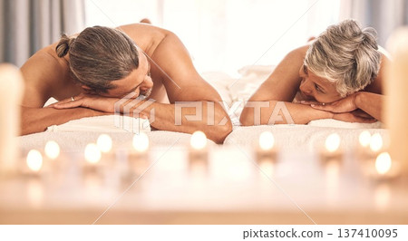 Spa, massage and mature couple on bed for holiday, vacation and anniversary celebration. Love, luxury resort and man and woman talking in salon for beauty, wellness therapy and skincare treatment Spa, massage and mature couple on bed for holiday, vacation and anniversary celebration. Love, luxury resort and man and woman talking in salon for beauty, wellness therapy and skincare treatment 137410095