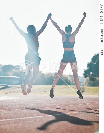 Friends, fitness and jump, women and celebrate, winning race and energy, wellness and health with support outdoor. Excited, people in air and cardio with sport, success and workout together with back Friends, fitness and jump, women and celebrate, winning race and energy, wellness and health with support outdoor. Excited, people in air and cardio with sport, success and workout together with back 137410177