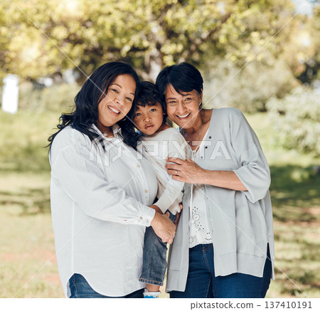 Portrait of woman, mother or child in garden with love or care on mothers day or women bonding. Retirement, smile or mom in park together on a happy family holiday vacation with kid or grandma Portrait of woman, mother or child in garden with love or care on mothers day or women bonding. Retirement, smile or mom in park together on a happy family holiday vacation with kid or grandma 137410191