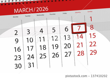 Calendar 2026, deadline, day, month, page, organizer, date, March, saturday, number 7 137410202