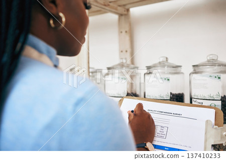 Quality control, woman and paperwork for a survey of food, fruit and produce in store. Notes, female person hands and back with checklist inspection, maintenance document and retail shop monitoring 137410233