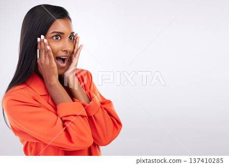 Surprise, fashion and beauty with woman and space in studio for news, announcement and giveaway. Deal, shocked and wow with face of person on white background for secret, discount and sale mockup Surprise, fashion and beauty with woman and space in studio for news, announcement and giveaway. Deal, shocked and wow with face of person on white background for secret, discount and sale mockup 137410285