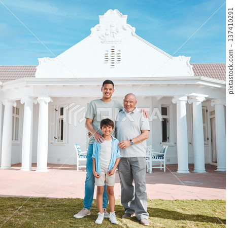 Portrait of grandfather, father and boy by new home, property or real estate backyard. Smile, happy and young dad standing outdoor a modern house or building with his child and senior man with pride. 137410291