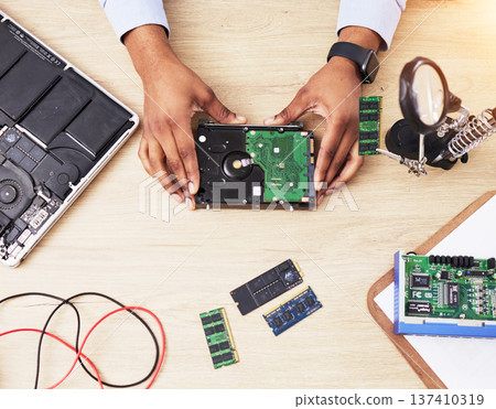 Motherboard, microchip and engineer hands with electric maintenance of circuit board. Above, IT and dashboard welding for electrical hardware update and technician tools for information technology 137410319