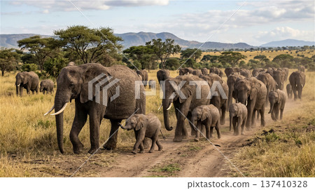 一群非洲象穿過廣闊的稀樹草原，揚起陣陣塵土… 137410328