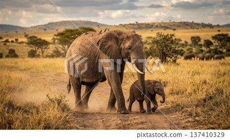 黃昏時分,非洲象母子在稀樹草原上漫步,全身照,動物 黃昏時分,非洲象母子在稀樹草原上漫步,全身照,動物 137410329