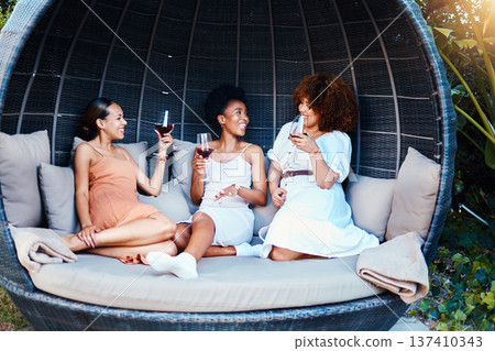 Travel, luxury and friends on vacation in conversation happy for an outdoor getaway together with alcohol. Wine, laughing and people on holiday in nature bonding in happiness in a modern tent Travel, luxury and friends on vacation in conversation happy for an outdoor getaway together with alcohol. Wine, laughing and people on holiday in nature bonding in happiness in a modern tent 137410343