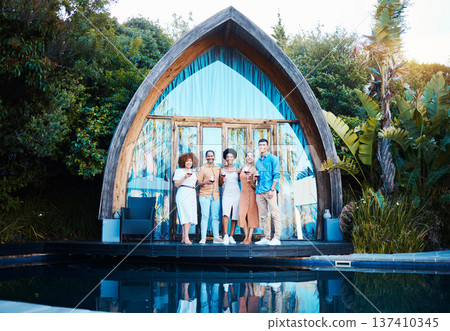 Garden lodge, glamping and friends portrait at a cabin with luxury accommodation and modern architecture. Travel, holiday and people at destination in Bali for vacation and freedom at resort pool Garden lodge, glamping and friends portrait at a cabin with luxury accommodation and modern architecture. Travel, holiday and people at destination in Bali for vacation and freedom at resort pool 137410345