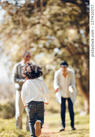 Child, running and bonding with grandparents in park for fun, energy and summer break in nature. Kid, back and excited boy with senior man and woman on family weekend, activity and backyard games Child, running and bonding with grandparents in park for fun, energy and summer break in nature. Kid, back and excited boy with senior man and woman on family weekend, activity and backyard games 137410357